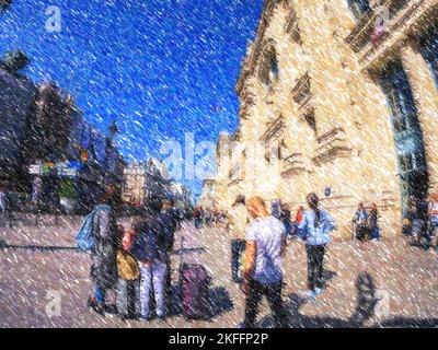 Hand drawn abstract pencil painting on canvas with color texture of ultra wide-angle view of group of tourists with luggage on French street with iconic tall building of Gare du Nord on the left Stock Photo