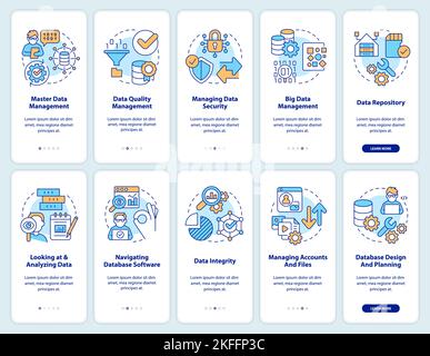 Data management process onboarding mobile app screen set Stock Vector