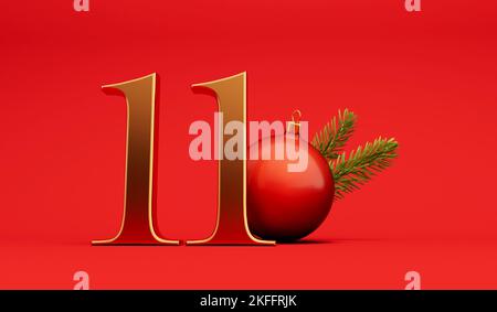 The 12 days of christmas. 11th day festive background gold lettering with bauble. 3D Rendering Stock Photo