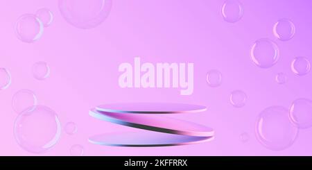 Flying podium for product on purple background among soap bubbles. 3d rendering. Stock Photo
