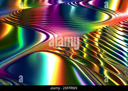 3d Liquid wavy chrome metal surface with colorful chromatic neon lights ...