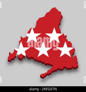 3d isometric Map of Community of Madrid is a region of Spain with national flag Stock Vector