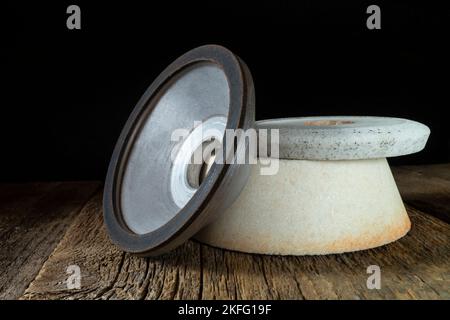 A set of circles in close-up. Locksmith tools on a dark background. Industrial items in the workshop Stock Photo