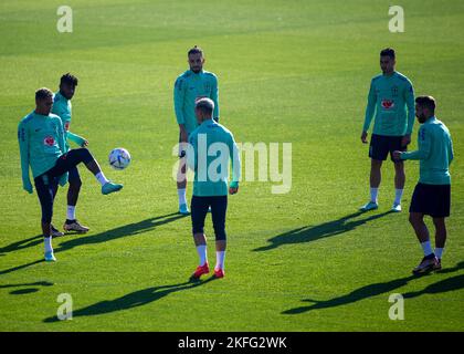 Turin, Italy. 18th Nov, 2022. Bruno Telles of Brazil and team mates during Brazil National football team trainings before the finale stage of the World Cup 2022 in Qatar, at Juventus Training Center, 18 November 2022, Turin, Italy. Photo Nderim Kaceli Credit: Independent Photo Agency/Alamy Live News Stock Photo