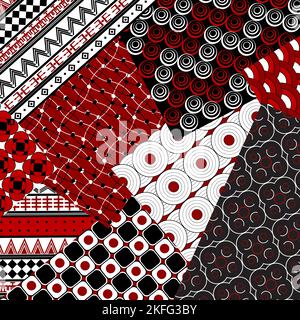 Red patchwork design with geometric motifs Stock Vector