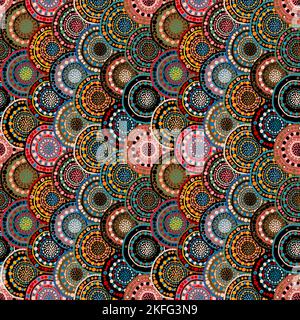 Japanese folk overlapping circular dotted flowers, seamless pattern Stock Vector
