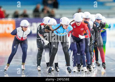 HEERENVEEN, NETHERLANDS - NOVEMBER 18: Sandrine Tas of Belgium competing on the Women's Mass Start during the Speedskating World Cup 2 on November 18, 2022 in Heerenveen, Netherlands (Photo by Orange Pictures) NOCNSF House of Sports Stock Photo