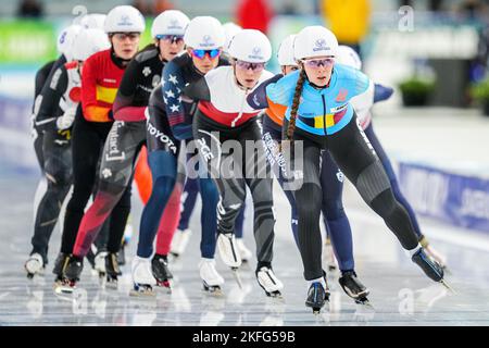 HEERENVEEN, NETHERLANDS - NOVEMBER 18: Sandrine Tas of Belgium competing on the Women's Mass Start during the Speedskating World Cup 2 on November 18, 2022 in Heerenveen, Netherlands (Photo by Orange Pictures) NOCNSF House of Sports Stock Photo