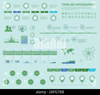 Set of timeline Infographic with diagrams and text. Vector Concept Illustration for business presentation, booklet, web site. Stock Vector