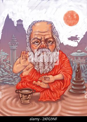 Concept art of Greek philosopher Socrates sat in zen garden, illustrating to common principles between Socratic philosophy & Zen Buddhist principles. Stock Photo
