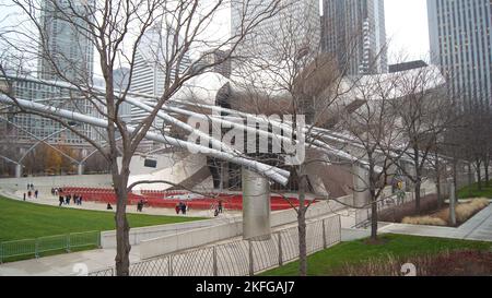 CHICAGO, ILLINOIS, UNITED STATES - Dec 12, 2015: View of the Jay Pritzker Pavilion in downtown Chicago on an drizzly winter day Stock Photo