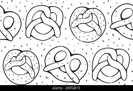 Seamless monochrome pattern with contour pretzels and croissants on white background. Backdrop with outline buns. Vector texture Stock Vector
