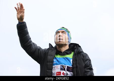 Kevin Sinfield applauds the crowd following the end of day six in the Ultra 7 in 7 Challenge from to York to Bradford. The former Leeds captain is set to complete seven ultra-marathons in as many days in aid of research into Motor Neurone Disease, finishing by running into Old Trafford at half-time of the Rugby League World Cup tournament's finale on November 19. Picture date: Friday November 18, 2022. Stock Photo