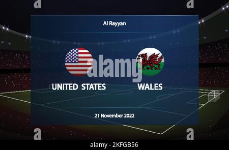 United States vs Wales. Football scoreboard broadcast graphic soccer template Stock Vector