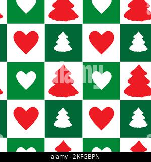 Christmas tree seamless pattern tree and hearts ornament for decor, green and red color Stock Vector
