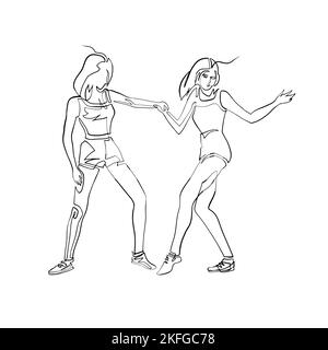 Dancing women - vector drawing, continuous line vector clipart Stock Vector