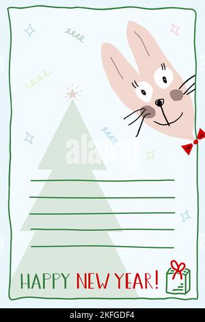 A Happy New Year Card. Cute funny bunny peeking out from around the corner.  2023 is the year of the Rabbit in the Chinese calendar. Stock Vector