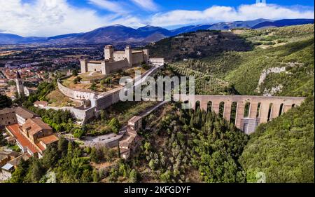 landmarks of Umbria . impressive Spoleto town aerial view of castle Rocca Albornoz and splendid roman bridge Ponte delle Torri Stock Photo