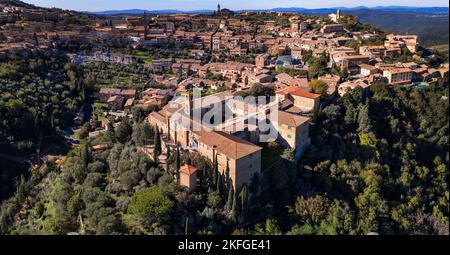 Italy travel and landmarks. Tuscany region, aerial panoramic view of old town Montalcino Stock Photo