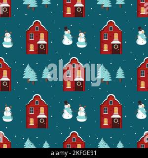 Seamless pattern with houses bright roof on snow, snowmen and Christmas trees. Merry holiday print, New Year and Christmas decorations. Winter and festive background. Vector flat illustration Stock Vector