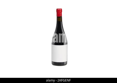 Isolated bottle of wine or champagne with blank label and red stopper. Stock Photo