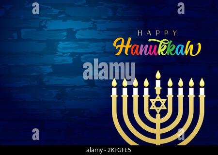 Happy Hanukkah lettering and menorah on brick wall. Jewish holiday Hanukka, greeting card with traditional Chanukah candles. Vector illustration Stock Vector