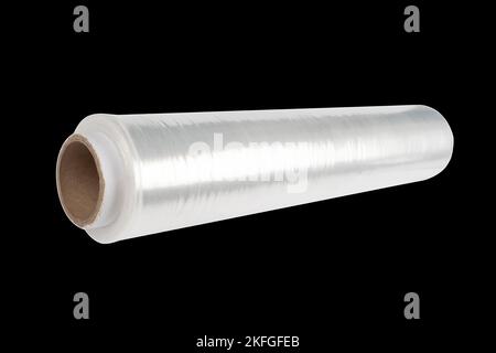 Roll of plastic stretch wrap film isolated on black background. Stock Photo