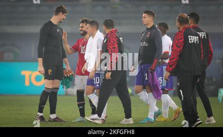 Belgium's goalkeeper Thibaut Courtois, Egyptian Mohamed Salah and Belgium's Eden Hazard pictured after a friendly soccer game of the Egyptian national soccer team against Belgian national soccer team the Red Devils, at Jaber Al-Ahmad International Stadium, in Ardiya, Kuwait, Friday 18 November 2022. The Red Devils are in Kuwait to prepare for the upcoming Fifa 2022 World Cup in Qatar. BELGA PHOTO VIRGINIE LEFOUR Stock Photo