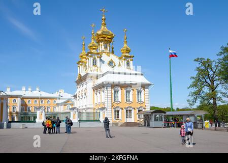 PETRODVORETS, RUSSIA - OCTOBER 24, 2022: Sunny May day at the palace church of the Holy Apostles Peter and Paul. Grand Peterhof Palace Stock Photo