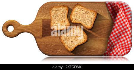 Close-up of three rusks on an old cutting board with a red and white checkered tablecloth. Isolated on white background. Stock Photo