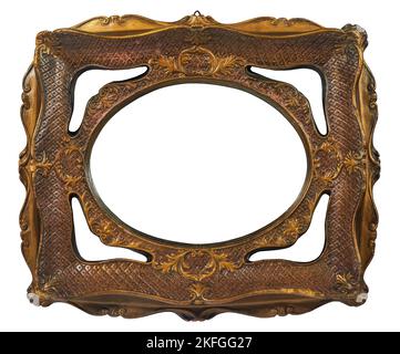 Close-up of an empty old vintage picture frame (gold and bronze color) isolated on white background. Rectangular and ellipse shape. Stock Photo