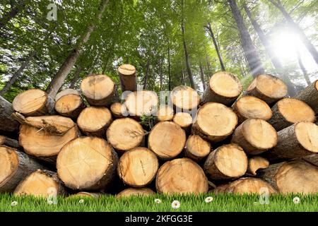 Close-up of a large group of pine tree trunks on a green meadow (green grass and daisy flowers) with a green forest on background. Stock Photo