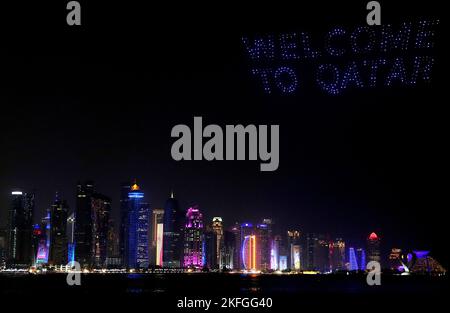 A drone show saying 'Welcome To Qatar' is displayed over Doha ahead of ...