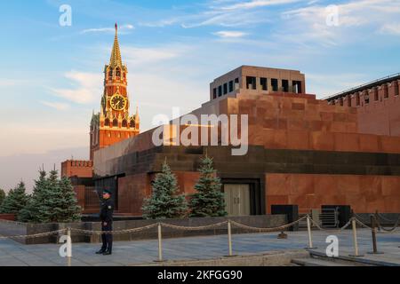 MOSCOW, RUSSIA - AUGUST 17, 2022: Mausoleum of V.I. Lenin close-up on a sunny August evening. Red Square Stock Photo