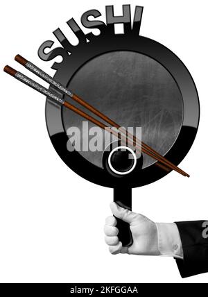 Banner for a Sushi Menu. Chef or waiter with white work glove holding an empty plate with a blank chalkboard inside, wooden and silver chopsticks. Stock Photo