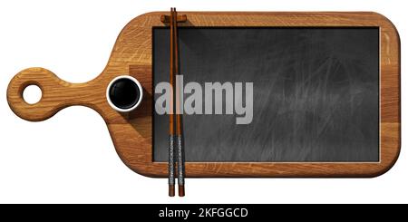 Background for a Sushi Menu. Cutting board with a blank chalkboard inside, two wooden chopsticks, and a bowl of soy sauce. Isolated on white. Stock Photo
