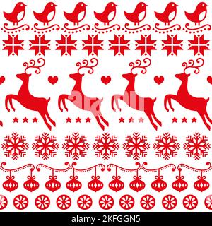 Christmas cute folk art vector seamless pattern with birds, reindeer and snowflakes, Scandinavian and Nordic inspired wallpaper, textile or fabric pri Stock Vector