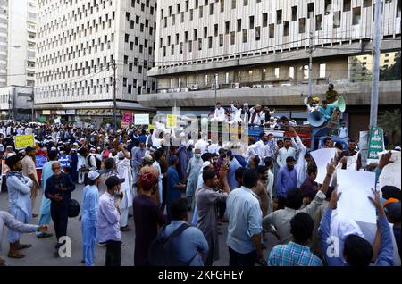 Residents of Mujahid Colony are holding protest demonstration against demolition of their houses during anti-encroachment drive, at Karachi press club on Friday, November 18, 2022. Stock Photo