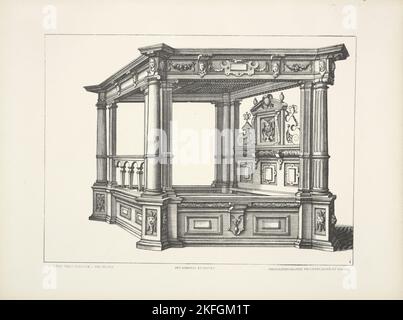 Design for elaborate four-poster bed with multiple columns at each corner, c1869. [Publisher: Gedruckt by C.I. Visscher; Bruxelles, G.A. van Trigt; Place: Amsterdam] Stock Photo