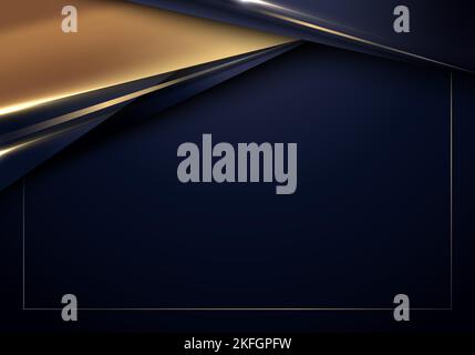 Abstract template banner web design luxury style blue and golden metallic stripes with golden lines and lighting effect on dark blue background. Vecto Stock Vector