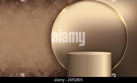 3D gold podium product display luxury style golden circle frame with lighting effect on brown triangles pattern background. Vector illustration Stock Vector
