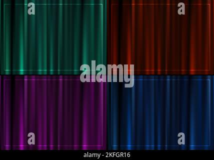 Set of red, purple, blue and green emerald colors curtain fabric satin crease with frame background and texture luxury style. Vector illustration Stock Vector