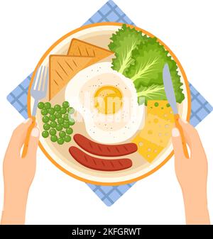 Hands holding fork and knife. Plate with fried egg, peas, sausages, greens, cheese and bread, vector illustration Stock Vector