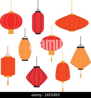 Set of lanterns in asian style. Chinese New Year decorations. Vector illustration Stock Vector