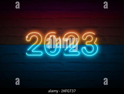 2023 New Year glowing colorful neon signboard on brick wall. Vector illustration Happy New Year neon realistic sign banner, season fashion design Stock Vector