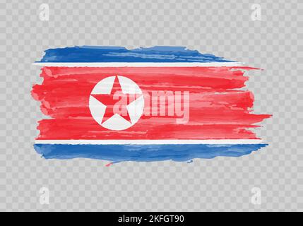 Watercolor painting flag of North Korea. Hand drawing brush stroke Stock Vector