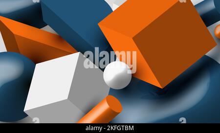 Set of 3D geometric blue, orange, white colors elements pattern on white background. Vector illustration Stock Vector