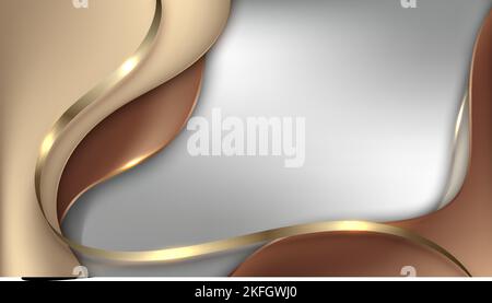Elegant 3D template golden and brown wave shapes and gold ribbon lines elements on white background realistic luxury paper cut style. Vector illustrat Stock Vector