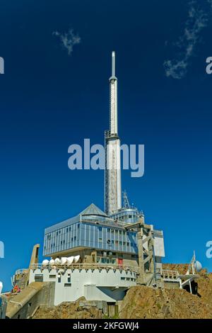 The Television Transmitter and Inter-Departmental building at the Pic du Midi de Bigorre in the Hautes-Pyrenees region of southern France. Stock Photo