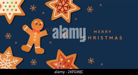 christmas greeting card with gingerbread cookies decoration on blue background Stock Vector